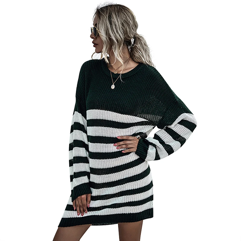 

Autumn Fashion Casual Women Striped Pullover Sweater O-neck Long Sleeve Sweater dresses