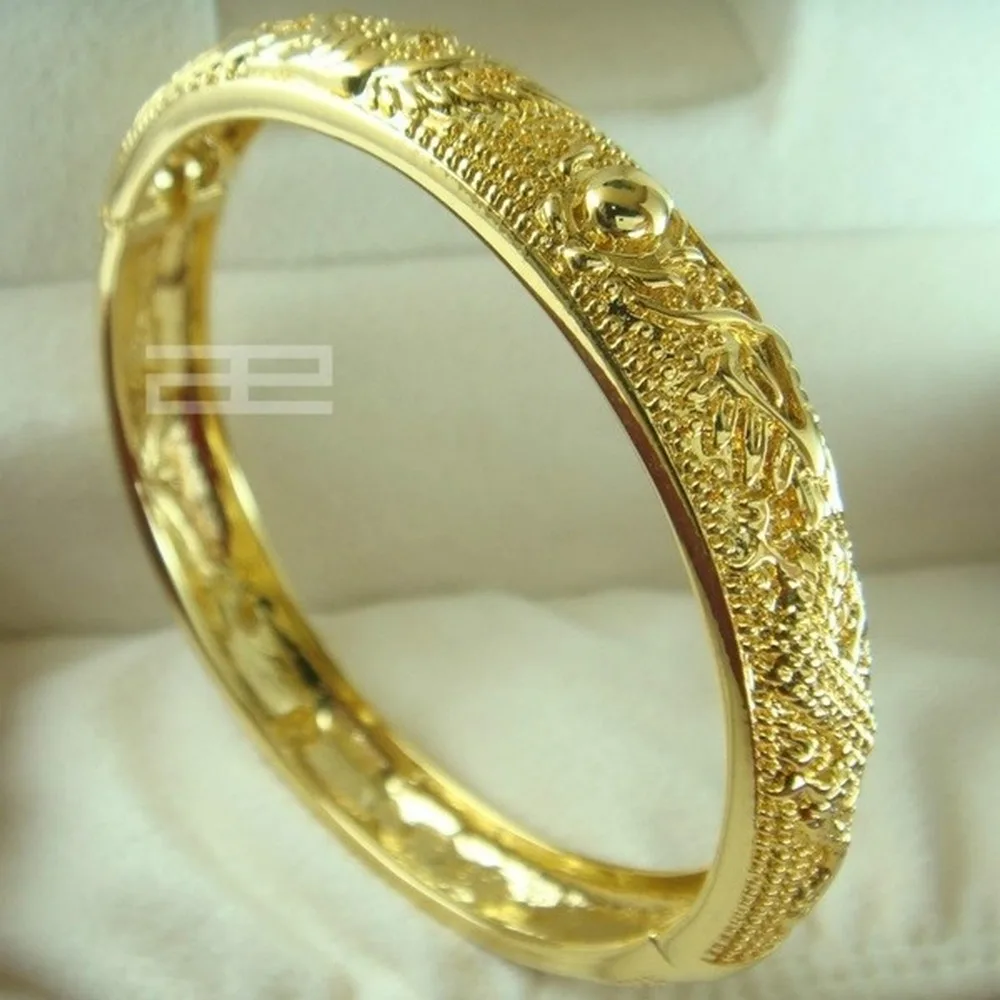 

Ahappy 24ct yellow Vacuum plating GF Chinese carving Wedding open Bangle bracelet 10mm band width 58mm diameter G99