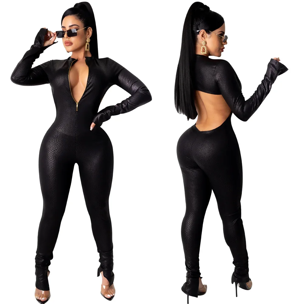 

Wholesale sexy women Clothing Black Leather Rompers backless hollow out Jumpsuits long sleeve jumpsuit women 2021