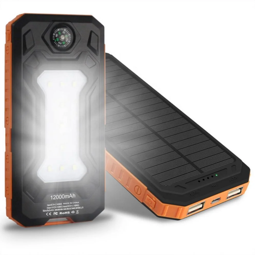

Solar Charging 12000mAh Power Bank with Camping Light and Compass