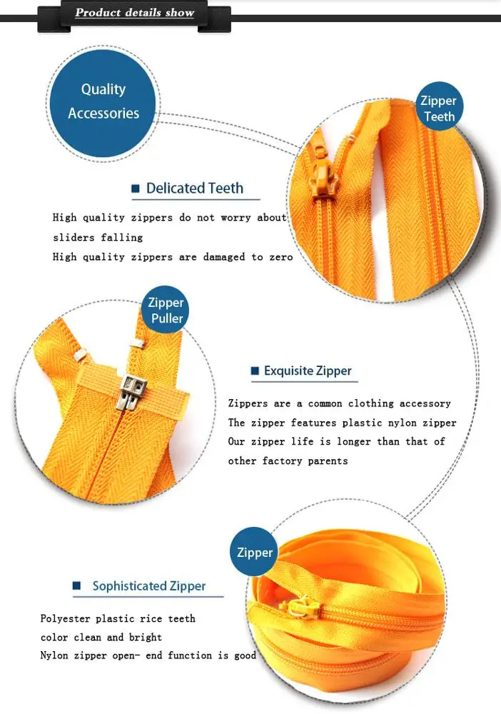 
Auto lock Orange 20 cm Open End 5# Nylon Zipper for Garment and Shoes 