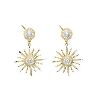 

VIANRLA gold pearl earring 925 sterling silver pearl drops earrings with cz pave sun earring