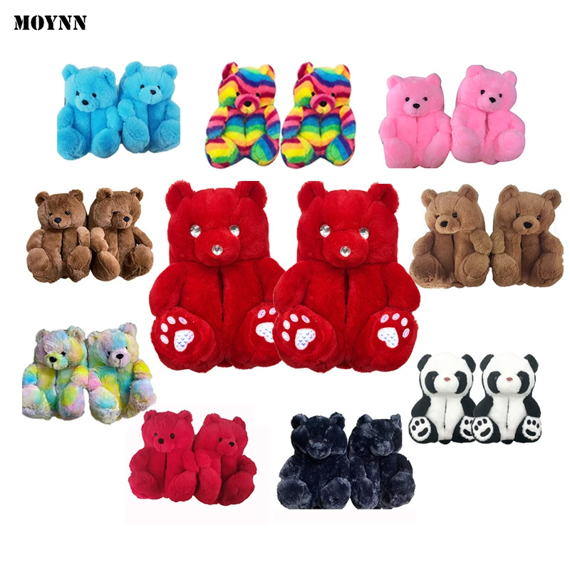 

2021 Wholesale Cheap Kids Bedroom House Fuzzy Soft Fluffy Bear Slippers Women Home Shoes Plush Fur Teddy Bear Slippers For Girls