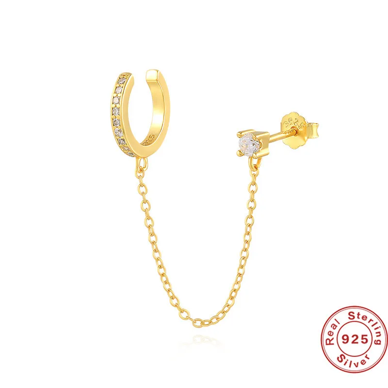 

FL Gemnice fashion 925 silver diamond ear cuff jewelry chain stud earrings