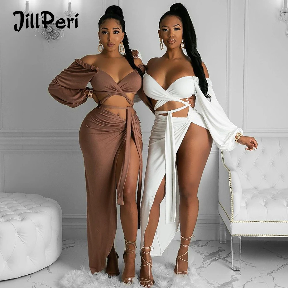 

JillPeri Irregular Long Sleeve Sexy Ruffles Crop Top and Maxi Skirt Sets Fashion Jersey Club Wear Party Women 2 Piece Outfits, White,black,khaki