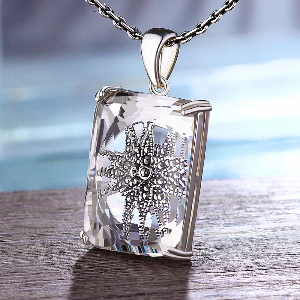 

Natural Faceted White Crystal Pendant Women Large Rectangle Exquisite 925 Sterling Silver Mosaic Flower Chakras Jewelry