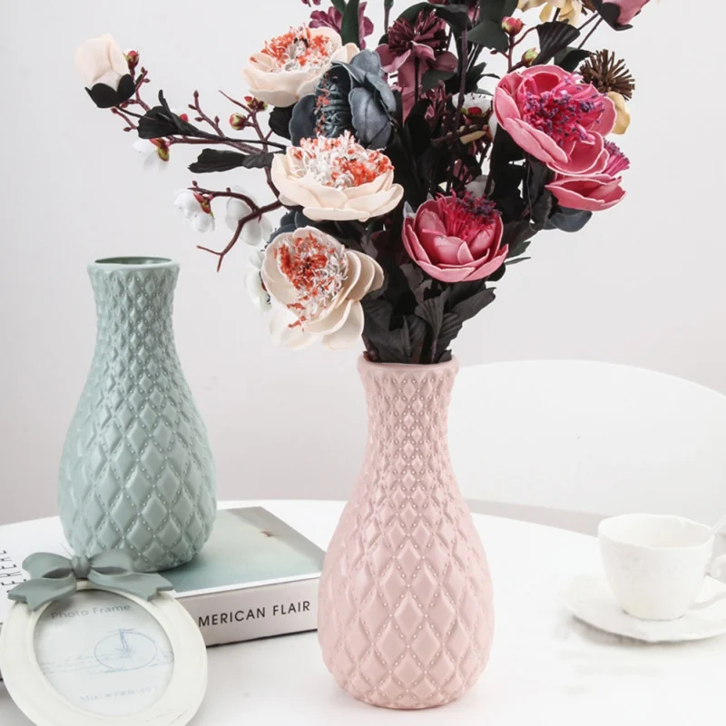 

Home Decoration PE Plastic Vase Simple Rattan Flower Arrangement Container Straight Cylindrical Round Blue Pink White