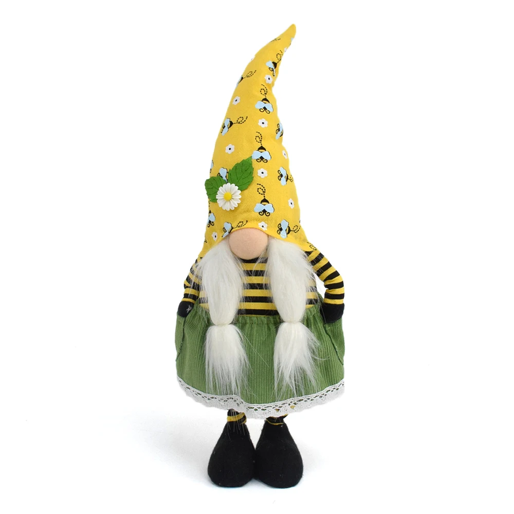 

New Handmade Big Standing Summer Gnomes Decorative Daisy Flowers Bumble Bee Plush Tomte Striped Nisse Crafts for Home, Lemon yellow, green