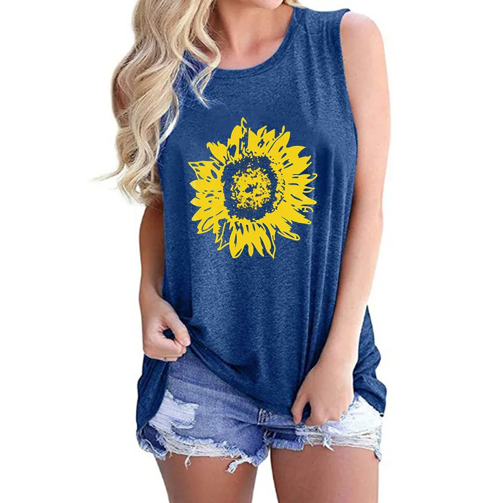 

High quality Women Workout Tank Tops Sunflower Printing Sleeveless Tee Shirt, Customized color