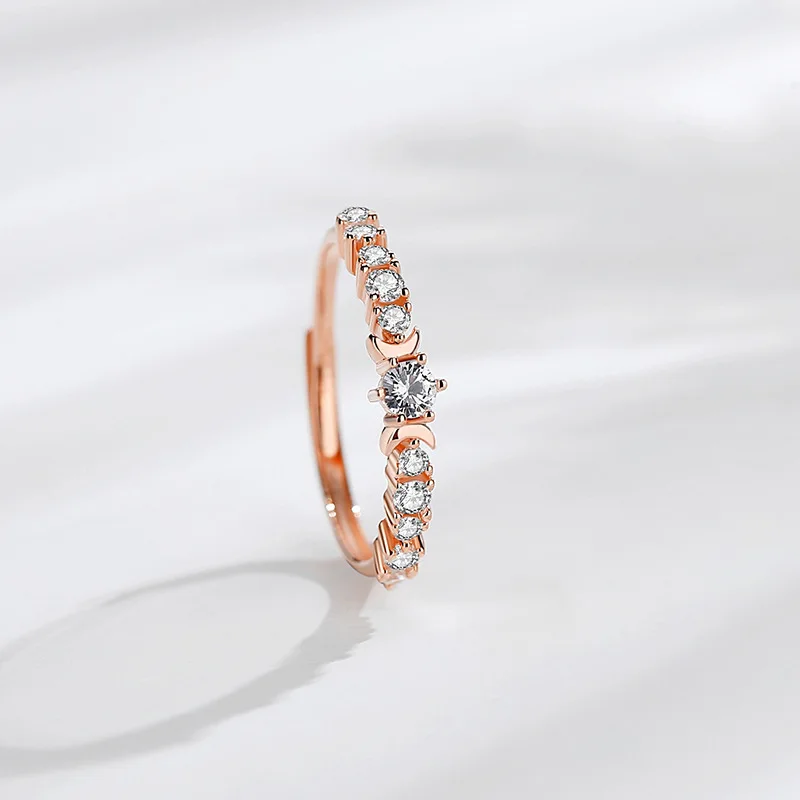 

S925 sterling silver moon ring rose gold index finger ring full diamond simple open European and American style ring jewelry, Silver color