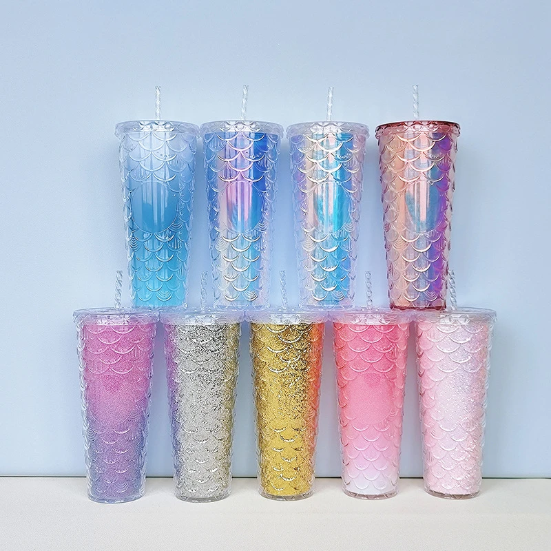 

M106 Factory Mermaid Cup Scale Glitter 24oz Mugs Insulated Double Walled Plastic Plastic Studded Tumblers With Straw And Lid