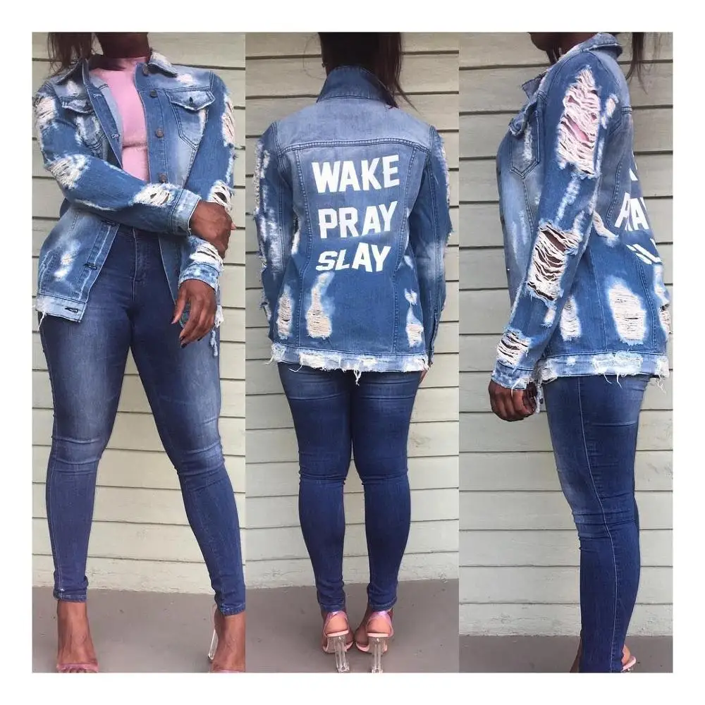 

FS2329A Fashion women broken holes denim jacket