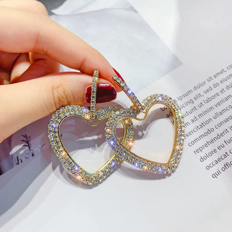 

925 Silver Post Hypoallergenic Sparkling Rhinestone Heart Drop Earrings Full Crystal Heart Shape Earrings