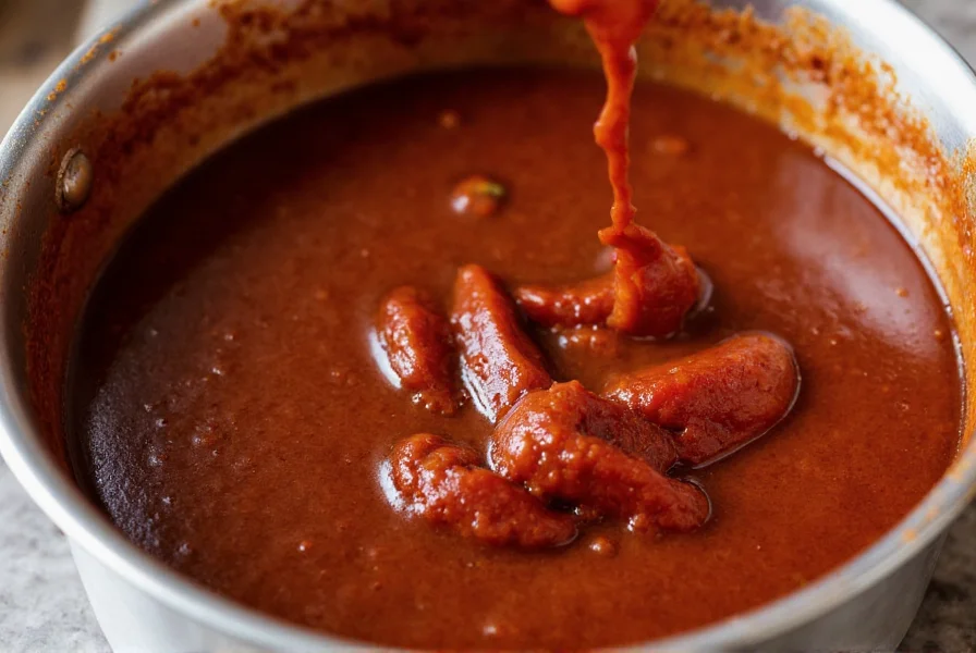 Traditional Mexican mole sauce preparation showing ancho chilies being blended into a smooth sauce