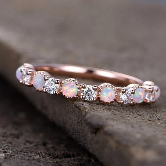 

2020 Delicate Rose Gold Plated Cubic Crystal Zirconia CZ Ring Fire Opal Band Ring For Engagement Wedding, As pictures