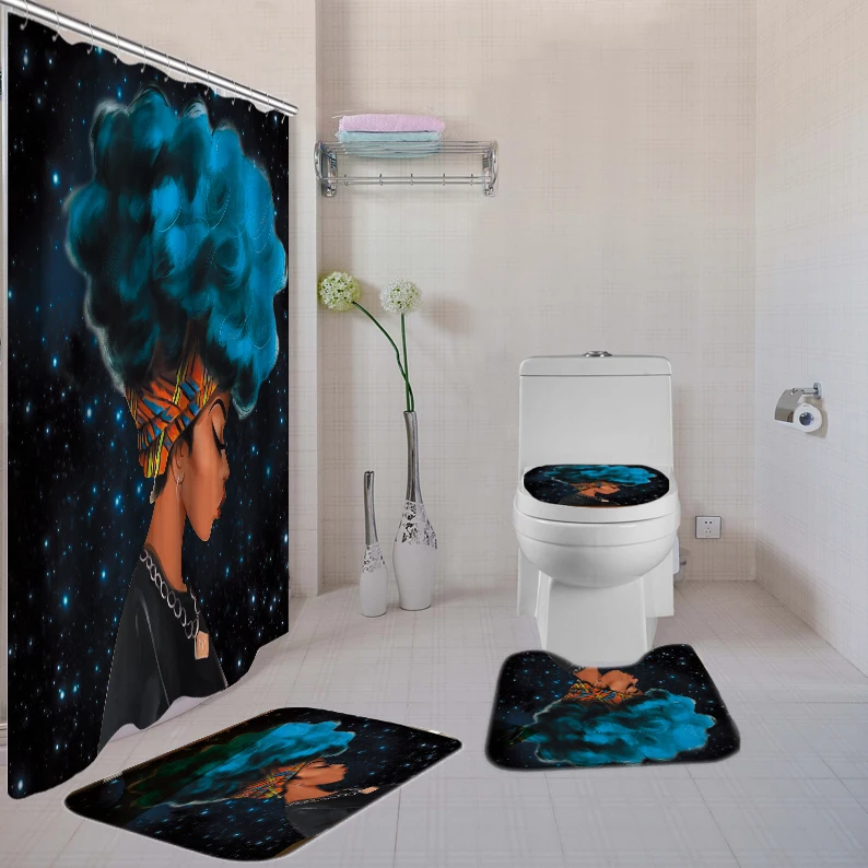 

African American Woman Shower Curtain Sets with Non-Slip Rug Toilet Lid Cover and Bath Mat Afro Girl Shower Curtains 12 Hooks