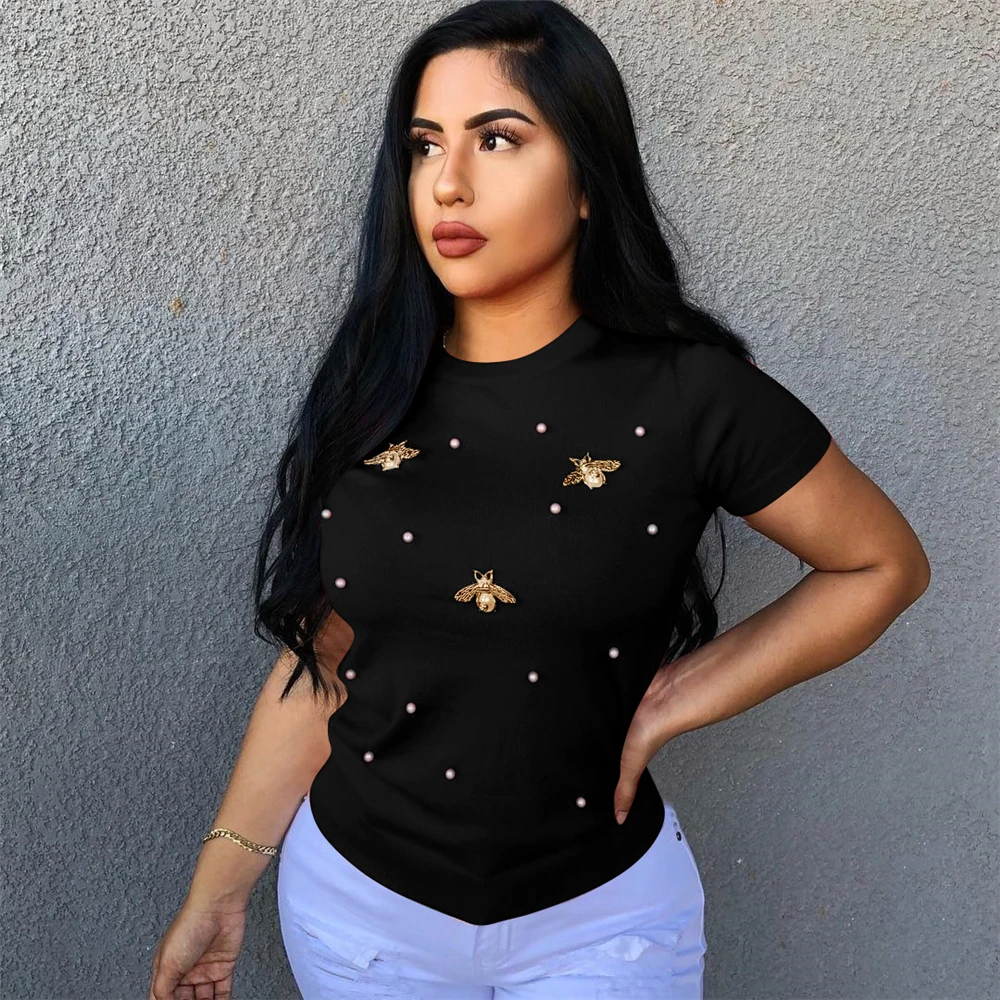 

Women's Short Sleeve Round Neck Elegant Pearl Beaded T Shirt Plus Size Blouse Tops