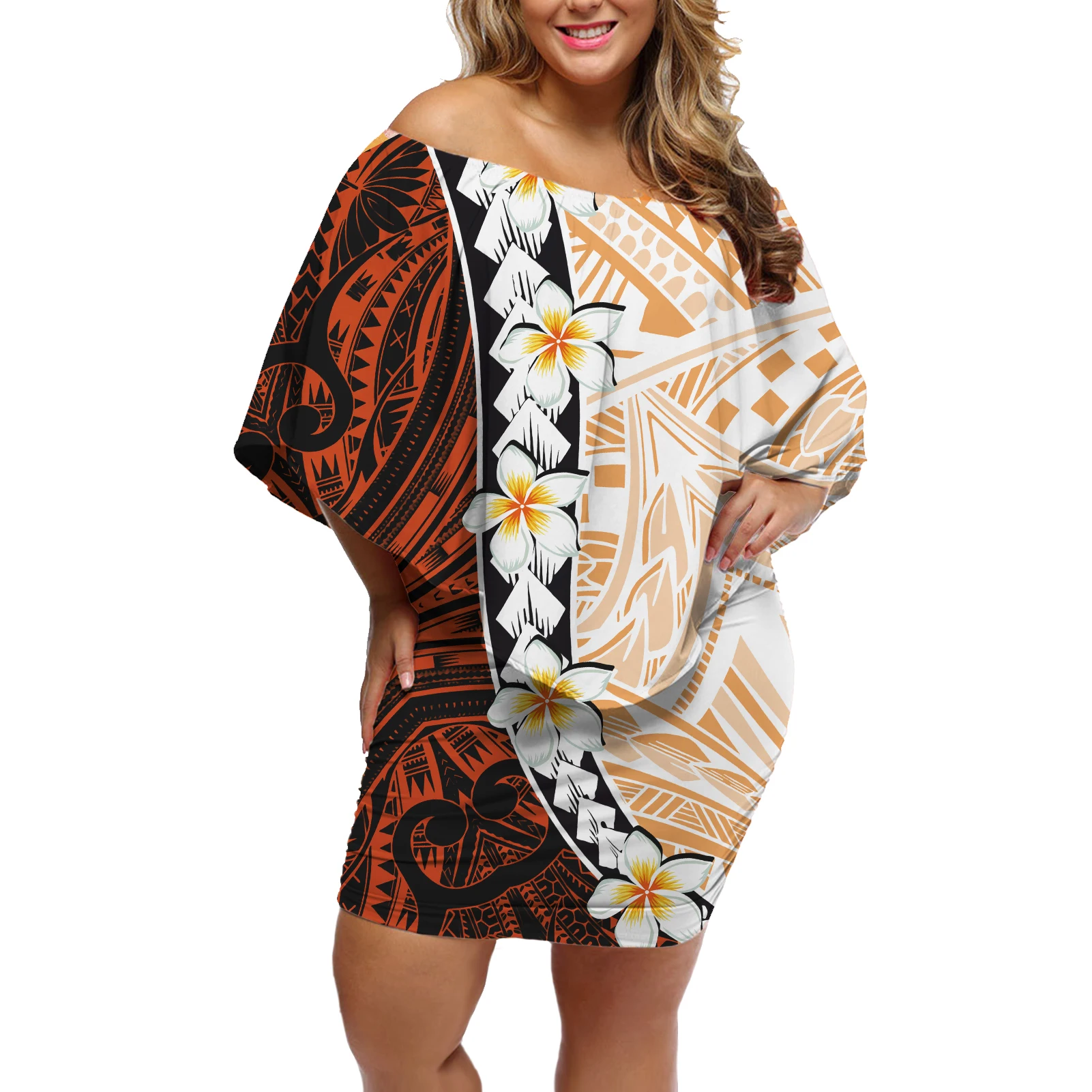 

Plus Size Women's Clothing New Arrival Women Ladies Plus Size Dress custom Polynesian tribal design off shoulder with Shawl ora