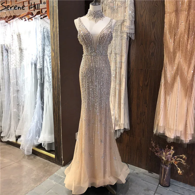 

Sexy Champagne Pearls Beaded Formal Long Party Gowns 2021 Serene Hill LA70055 Sleeveless V Neck Evening Dresses For Women