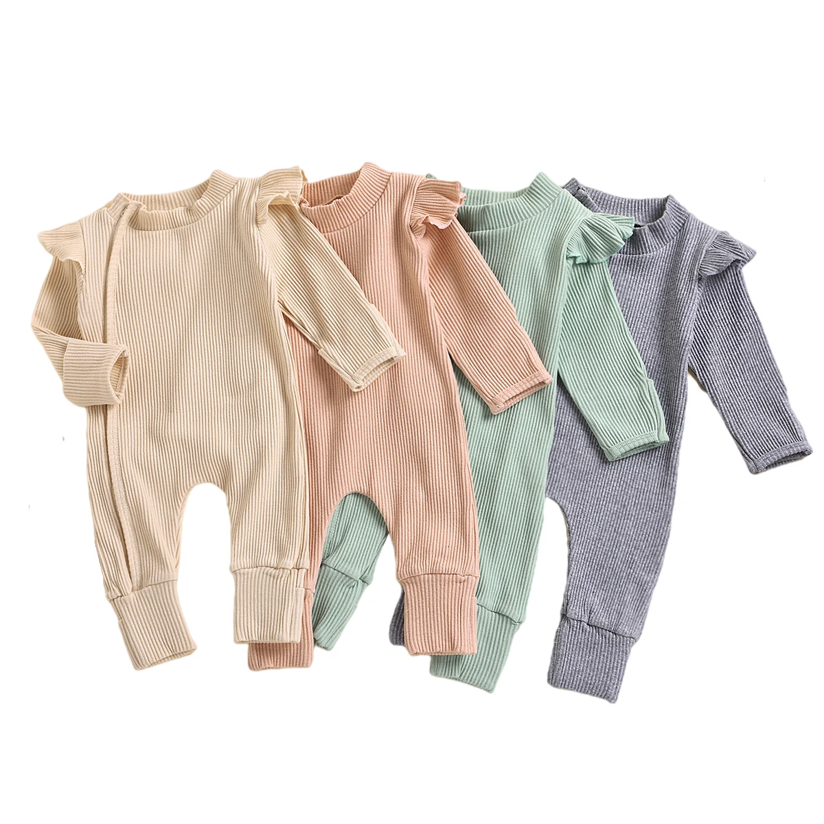 

Factory direct sale autumn and winter ribbed cotton rompers solid ruffle long sleeve with zipper cute baby girl jumpsuit