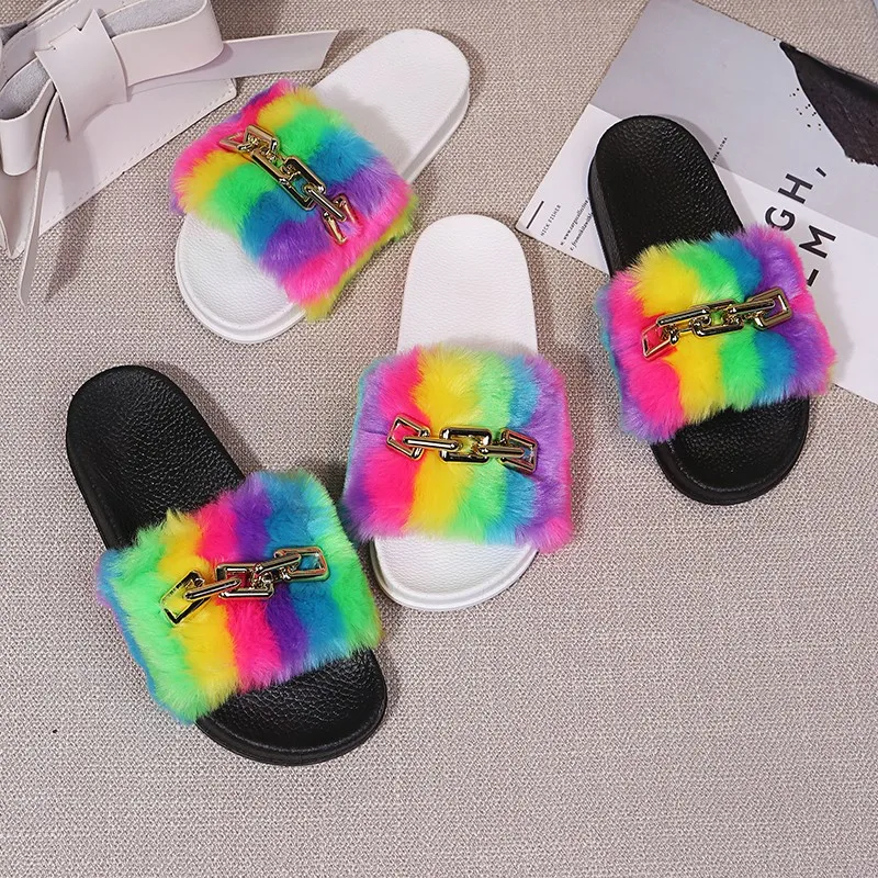 

Popular hot colorful with soft nap metal chain women platform furry sandals and slippers, Whit,black