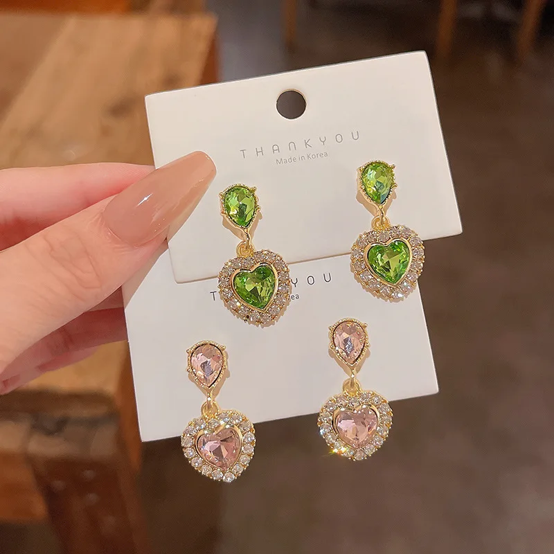 

Shiny Zircon Diamond Earring Pink Green Heart Earrings Fashion Luxury Drop Earrings Women Jewelry