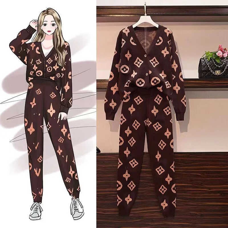 2019 fall winter new fashion casual plus size long cardigan coat with long pencil pants two piece sweater set women clothing