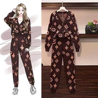 

2019 fall winter new fashion casual plus size long cardigan coat with long pencil pants two piece sweater set women clothing