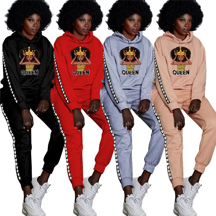 

Trendy Lady 2pc Sport Jogging Tracksuit Print Hooded Sweatshirt And Long Pants Women Fitness 2 Piece Sets, Picture color
