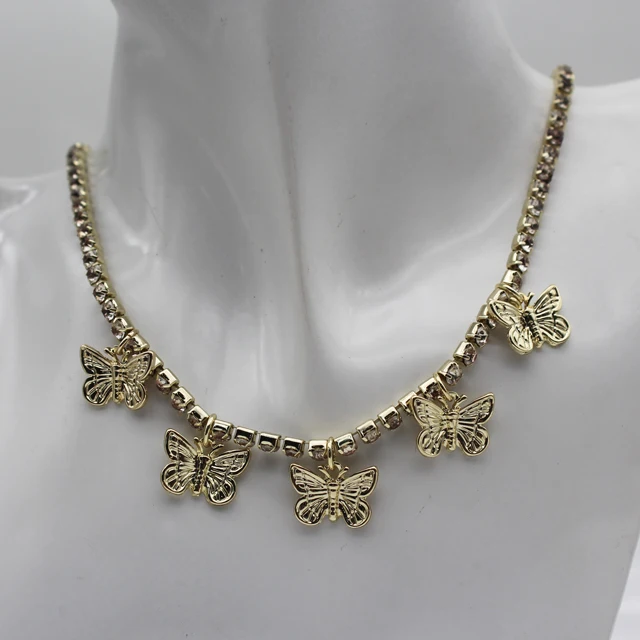 

Vintage Butterfly Tassel Necklace Women Charm Gold Butterfly Choker Necklace Rhinestone chain Necklace, Gold+crystal;silver+crystal