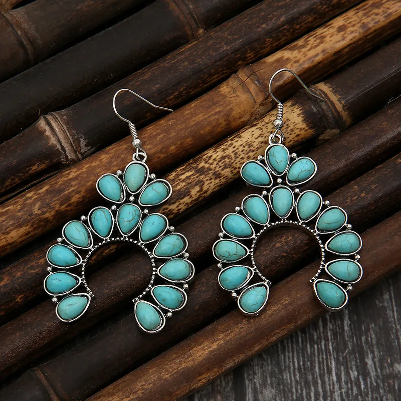 Bohemian Women Turquoise Pendant  Earrings Vintage Geometric Tauren Floral Shaped Earrings For Gift