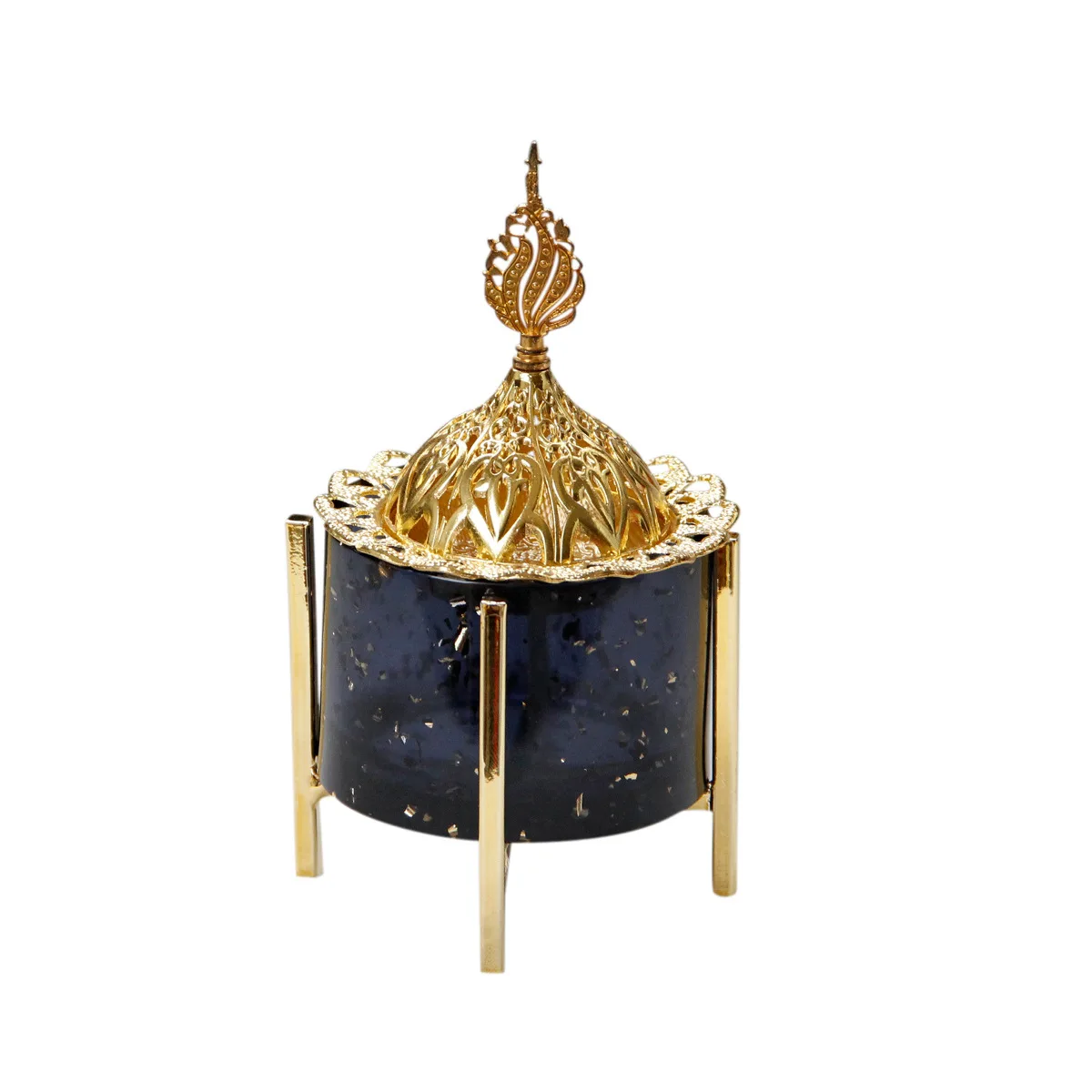 

Four-corner bracket black gold resin metal table top ornament aoud incense burner with golden hollow lid