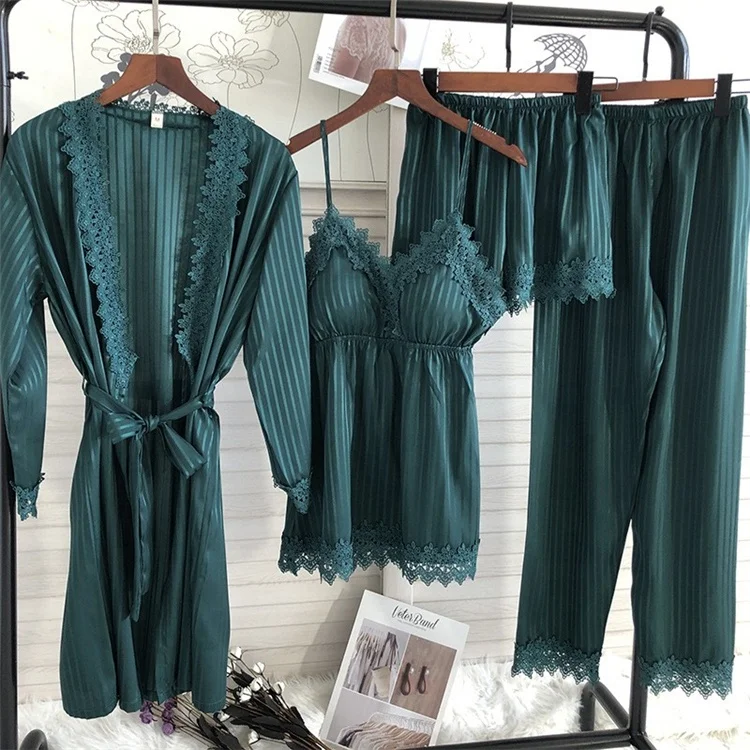 

Wholesale 4 Pieces /Set Robe Gown Women Lace Pajamas Sets Nightwear Bathrobe Sleepwear, As picture show