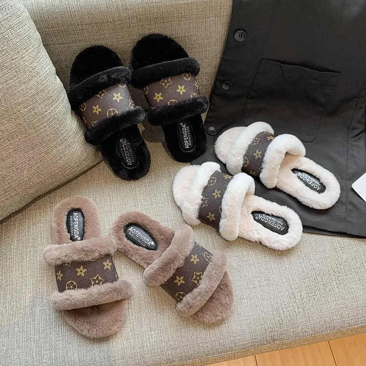 

New fluffy slides female household soft bottom autumn and winter wear plush non-slip wool slippers, Black, beige, khaki