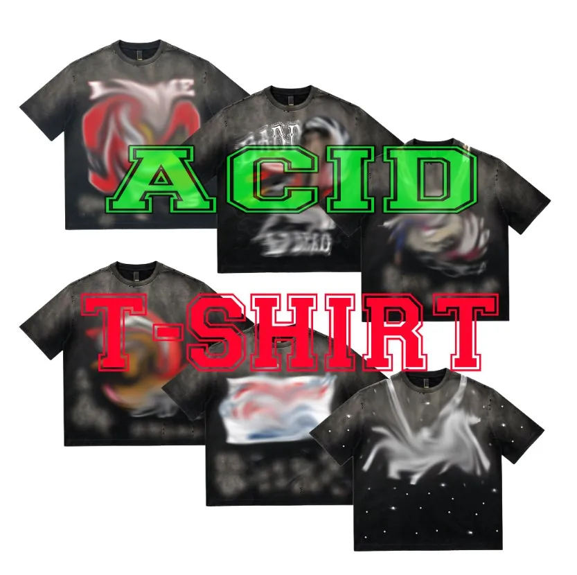 Custom Mens Acid Wash T Shirt Manufacturer Black Heavyweight Distressed Vintage Tshirt Rhinestone T-shirt Oversized t Shirts