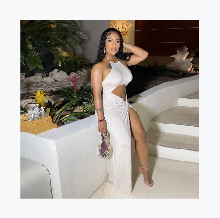 

AYP2004 Halter Hollow Out Lady Elegant Girls Solid Color Maxi Dresses Women