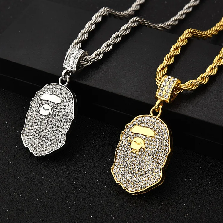 

Wholesale Hiphop Fashion Titanium Unisex Gold APE Full Diamond Pendant Necklace, Picture shows