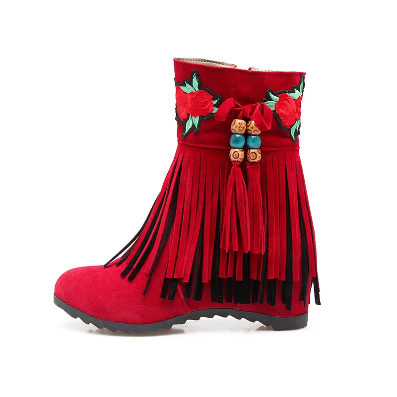 

Classic Embroidery Non-Slip Fringe Black Red Fashion Women Winter Boots, Black/red/ecru