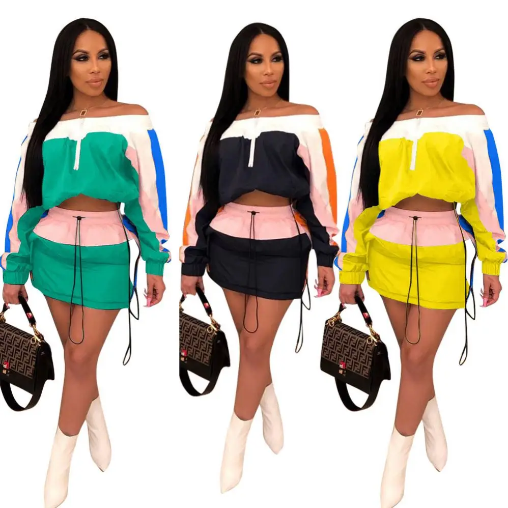 

Patchwork Candy Color Ruffled Sexy Crop Top And Mini Skirt Two Pieces Women Dress Set, Yellow, green, dark green