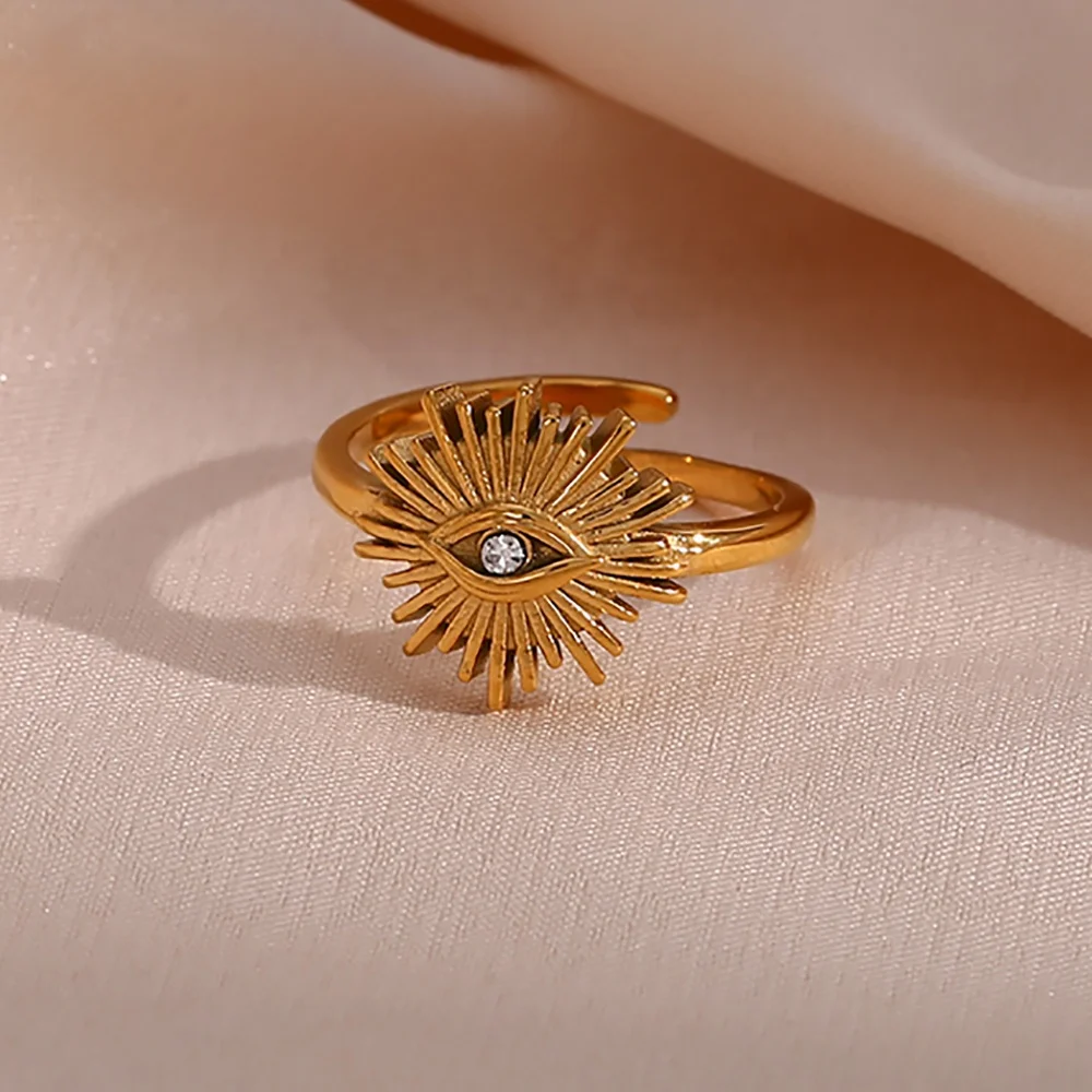 Vintage Adjustable Evil Eye Zircon Ring 18K Gold Plated Stainless Steel Rings Jewelry Women