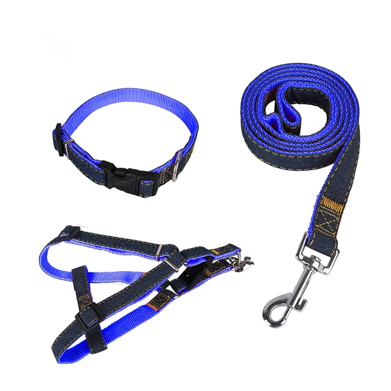 

America Hot Selling 3 in 1 Pet Products Three-piece suit Jean Nylon Material Dog Harness Leash Collar Sets