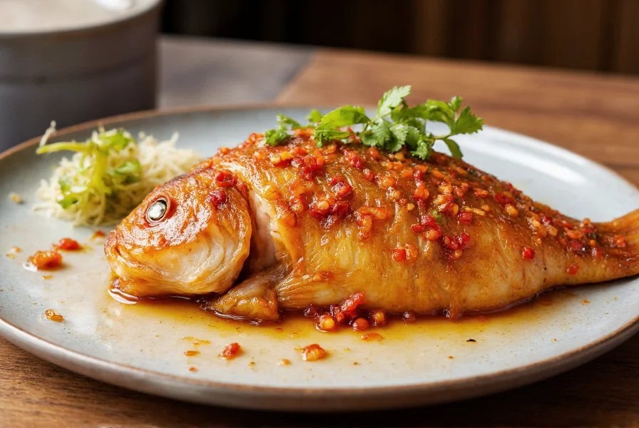 Teochew-style steamed fish with Chiu Chow chili oil drizzled on top, showing traditional presentation