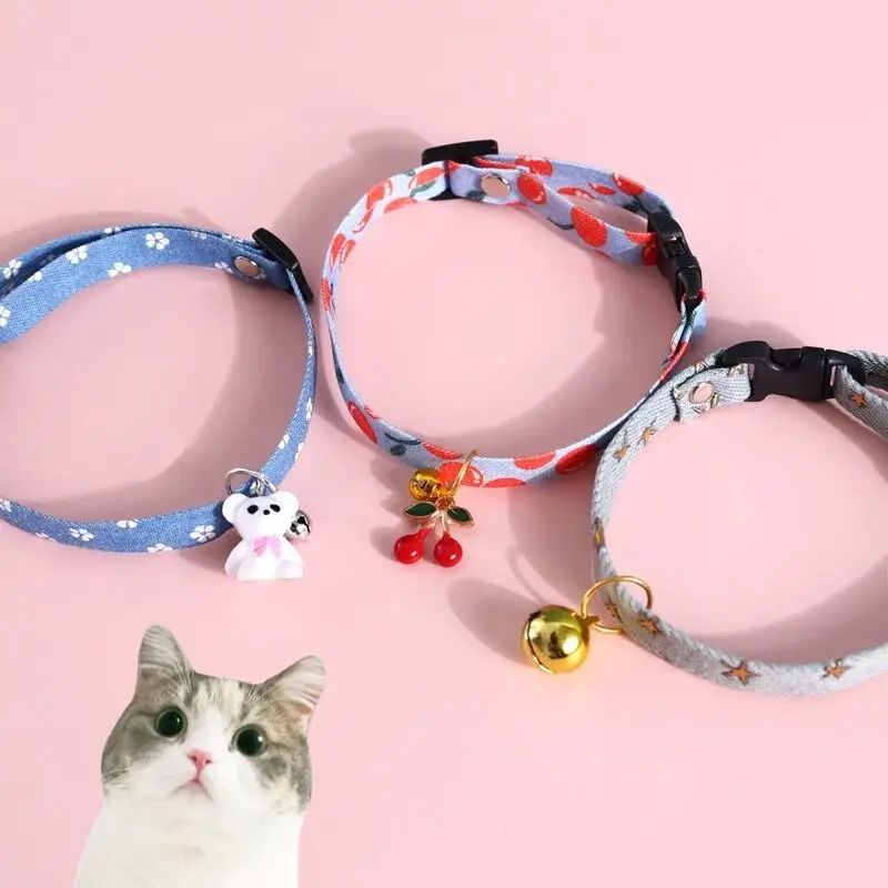 

New Wholesale Pet Collar Jean Soft Cute Bells Puppy Necklace Adjustable Small Dog cat Collar new products for pets