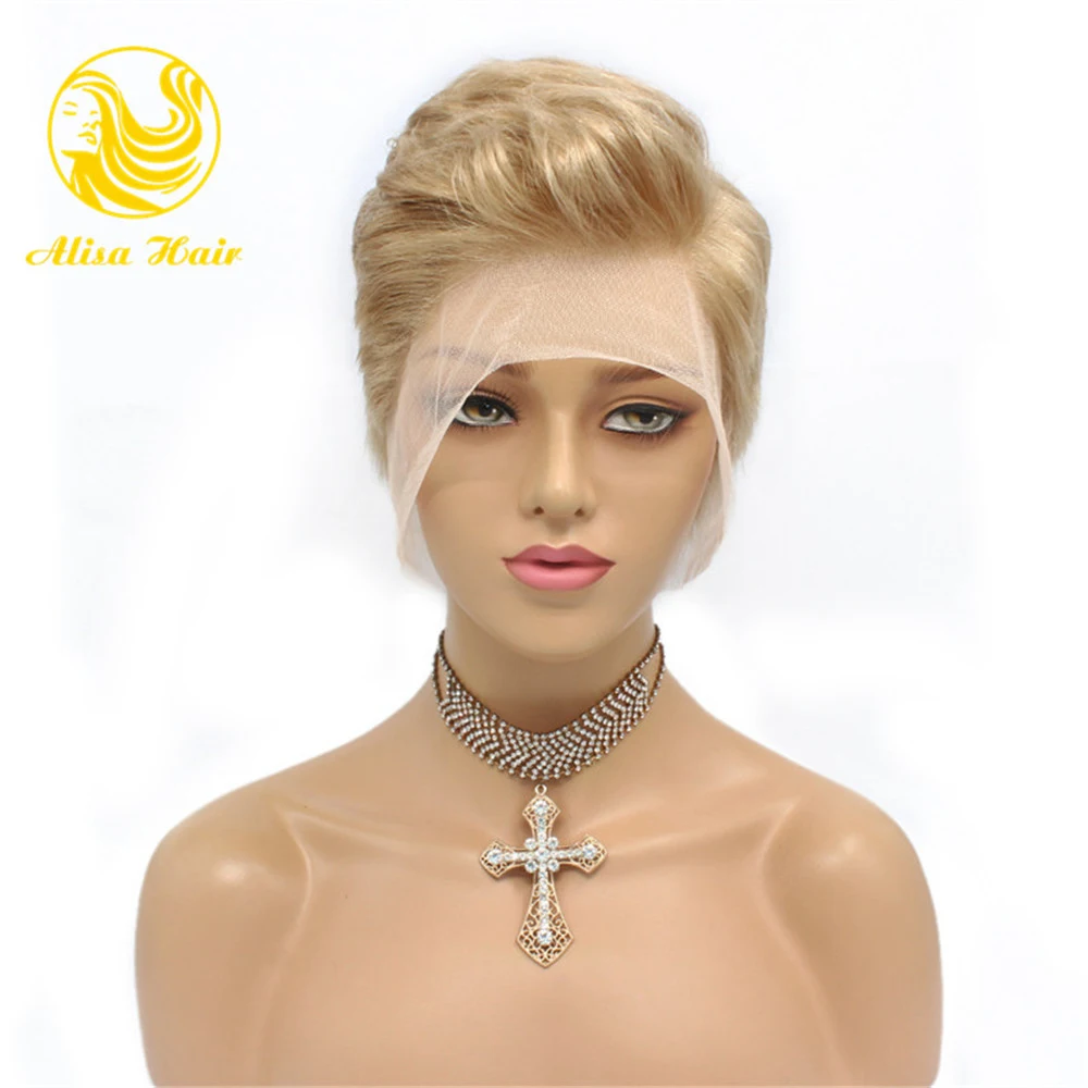 

Customized Style Blonde #613 Color Pixie Cut Virgin Brazilian Human Hair Lace Front Wigs