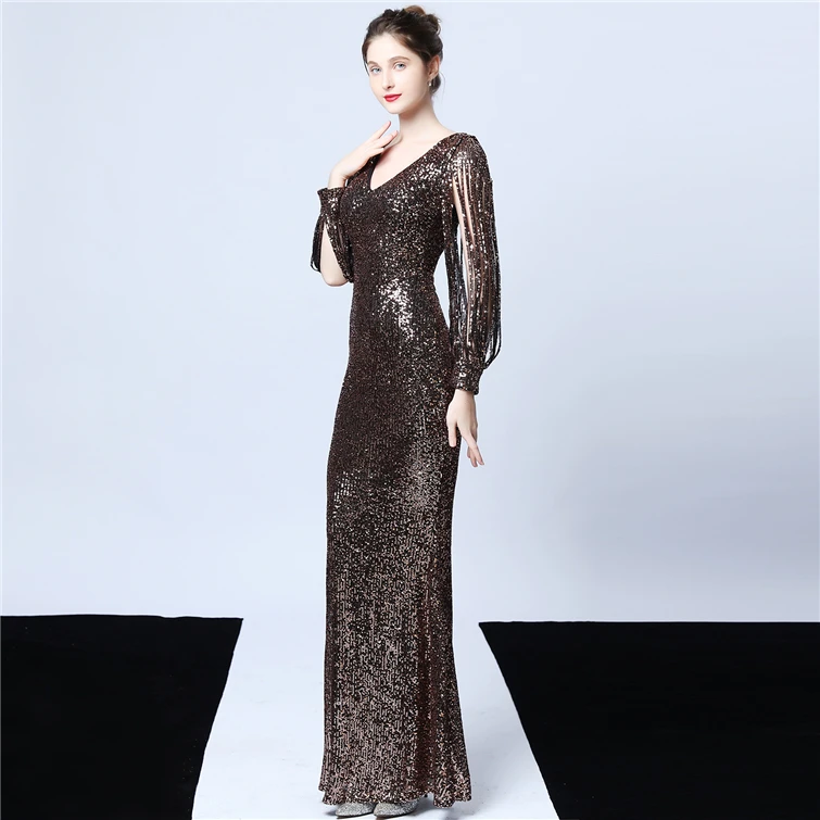 

16637#New coffee gold ong-sleeved sequined Queen's Fishtail Evening Dress luxury evening dresses from dubai Arab