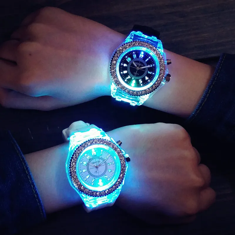

Colorful Rhinestone LED Luminous Glowing Sport Watches Women Quartz Watch Ladies Candy Silicone Wristwatches Jelly Night Light