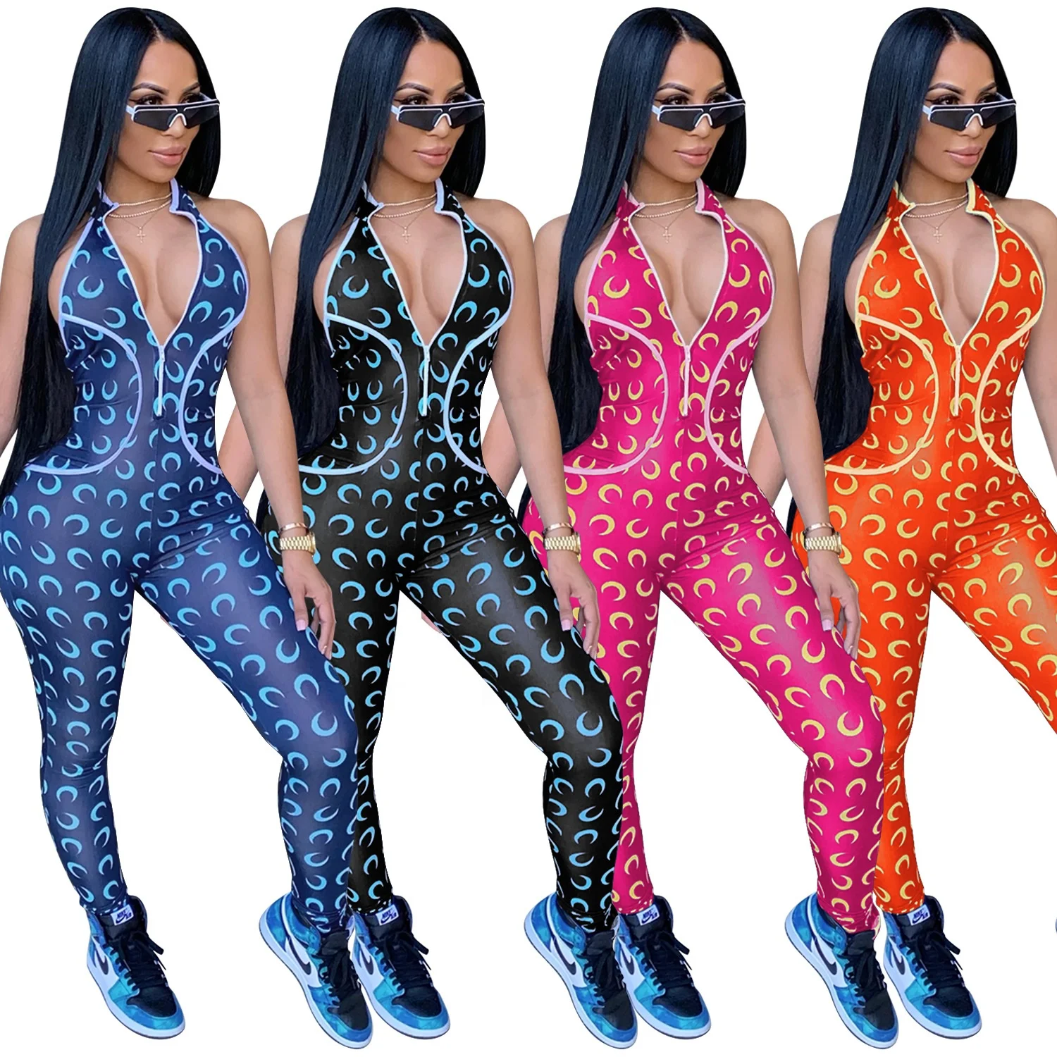 

MT108-5089 Wholesale fashion ladies casual sexy printed tight-fitting zipper sleeveless backless sports jumpsuit women