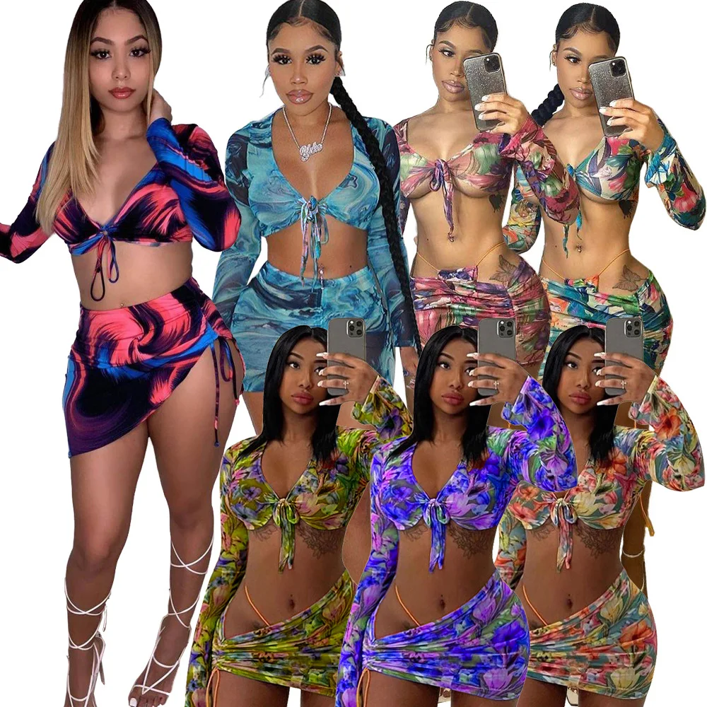 

Floral Printed Mesh Sexy Top and Skirts Sets Summer Vacation Outfits 2022 Rave Party Club Wear Two Piece Set