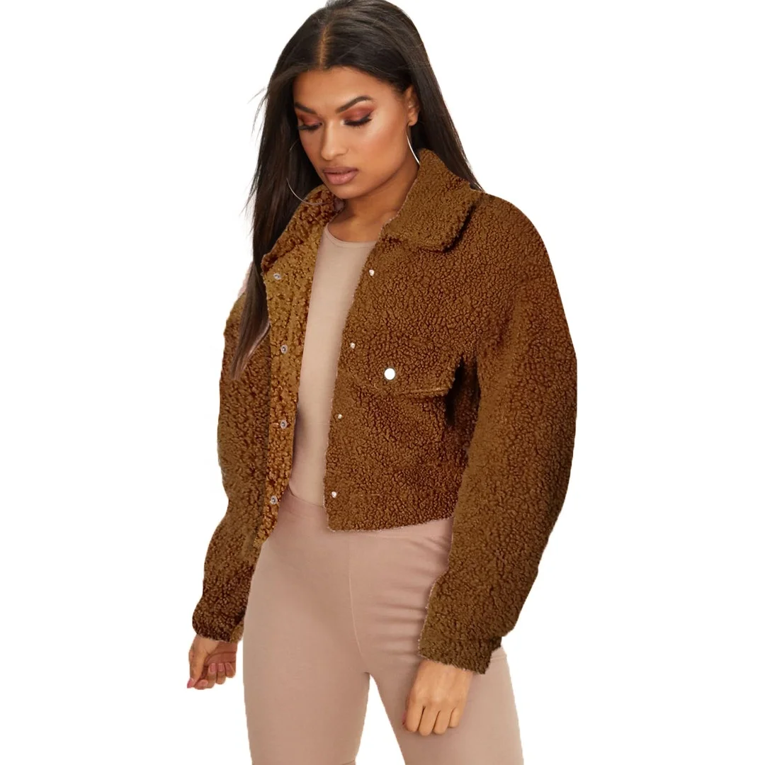 

YM-8498 High quality comfortable furry coat winter fleece jackets womens high waist with button crop jacket
