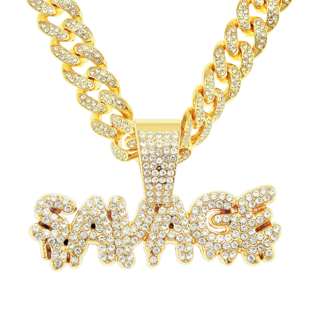

Iced out Hip hop personality men's fashion necklace full diamond splicing letter name pendant Cuban chain Necklace, Gold,silver